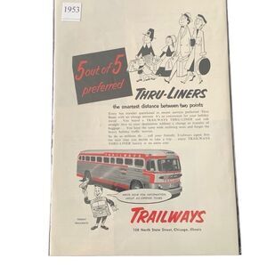 Vintage 1953 Trailways Thru-Liners Ad Advertisement